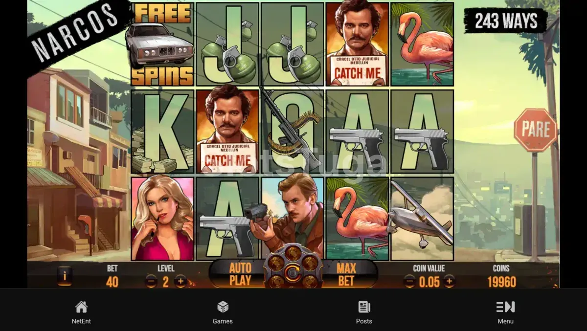 Jogo base da slot Narcos com rouleaux e símbolos temáticos