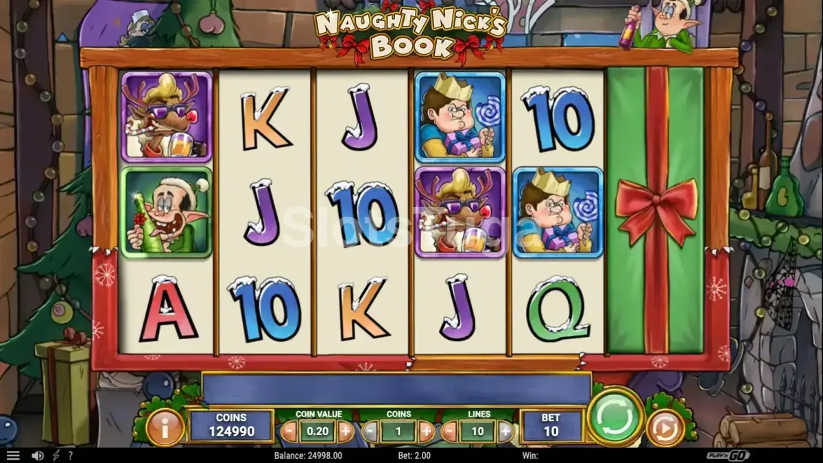 Tela principal do Naughty Nick's Book com rouleaux e personagens natalinos