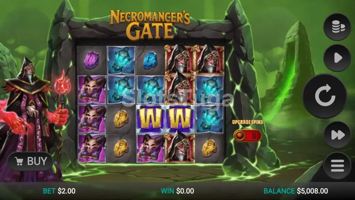 Jogo base do Necromancer's Gate com grid 5x4 e símbolos de caveira