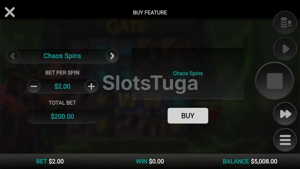 Tela de compra de bônus do Necromancer's Gate com opções Chaos e Super Chaos Spins