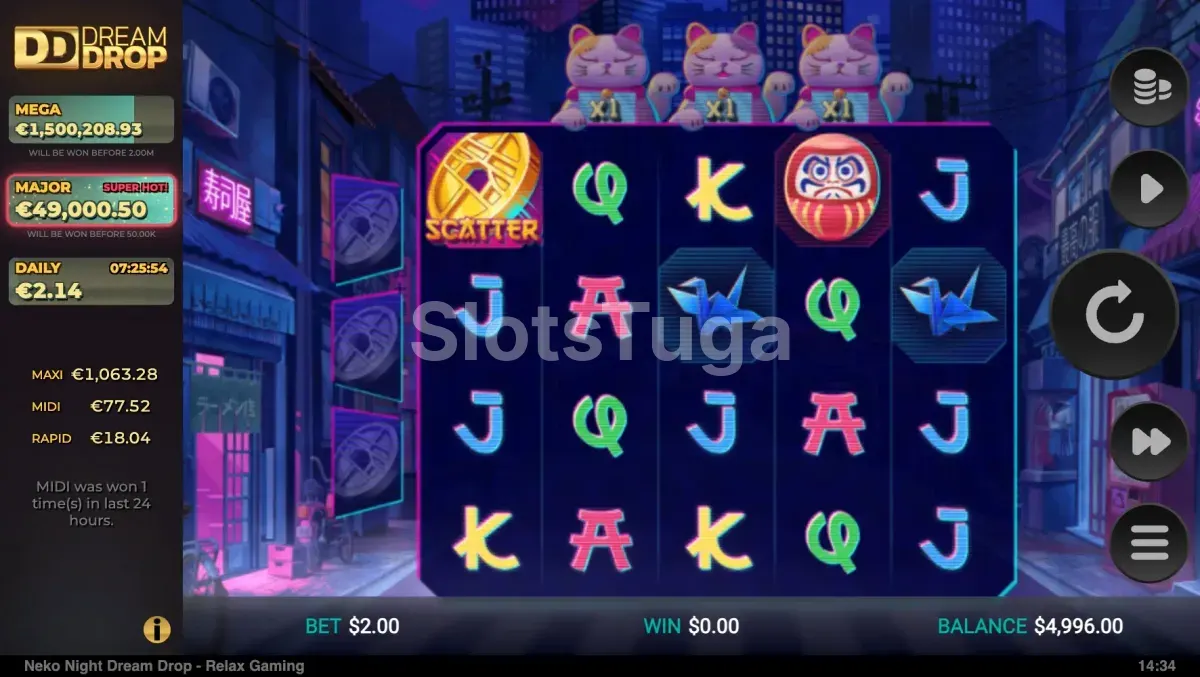 Rodadas em andamento na slot Neko Night Dream Drop