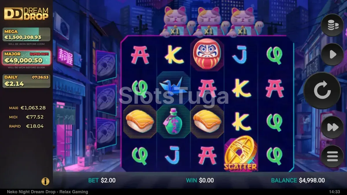 Jogo base da slot Neko Night Dream Drop com símbolos japoneses