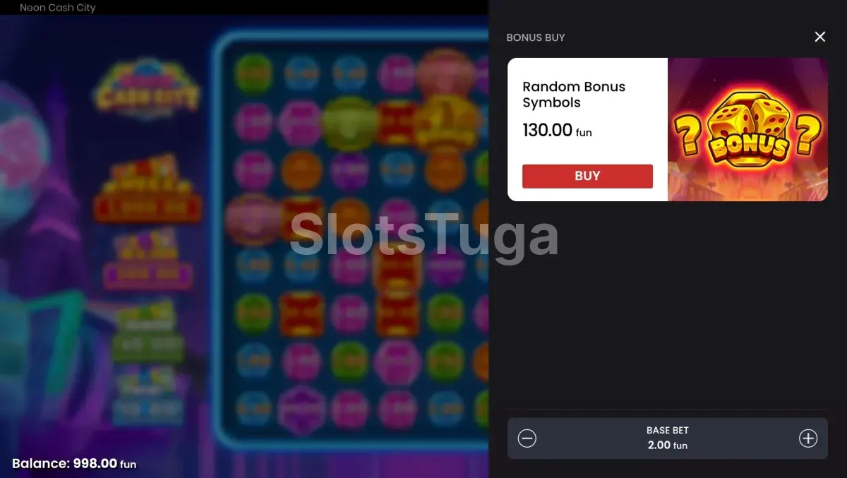 Ecrã de compra de bónus em Neon Cash City