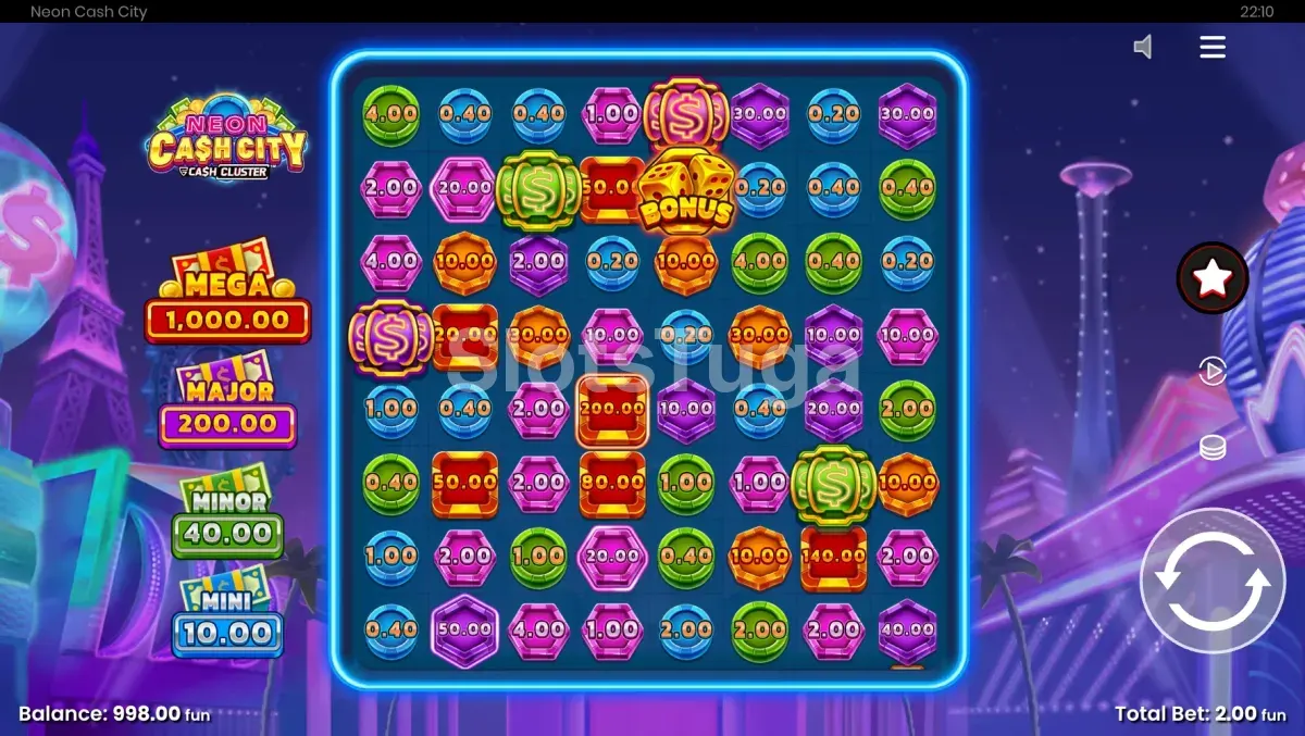Ecrã do jogo base de Neon Cash City com a grelha 8x8