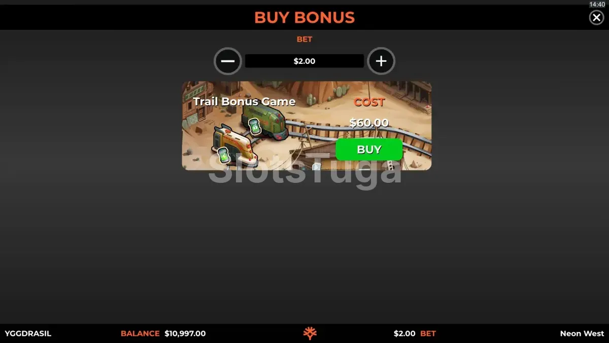 Tela de compra de bônus da Neon West da Yggdrasil