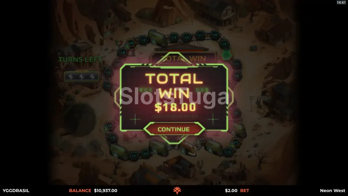 Big win na Neon West com tela de grande vitória iluminada