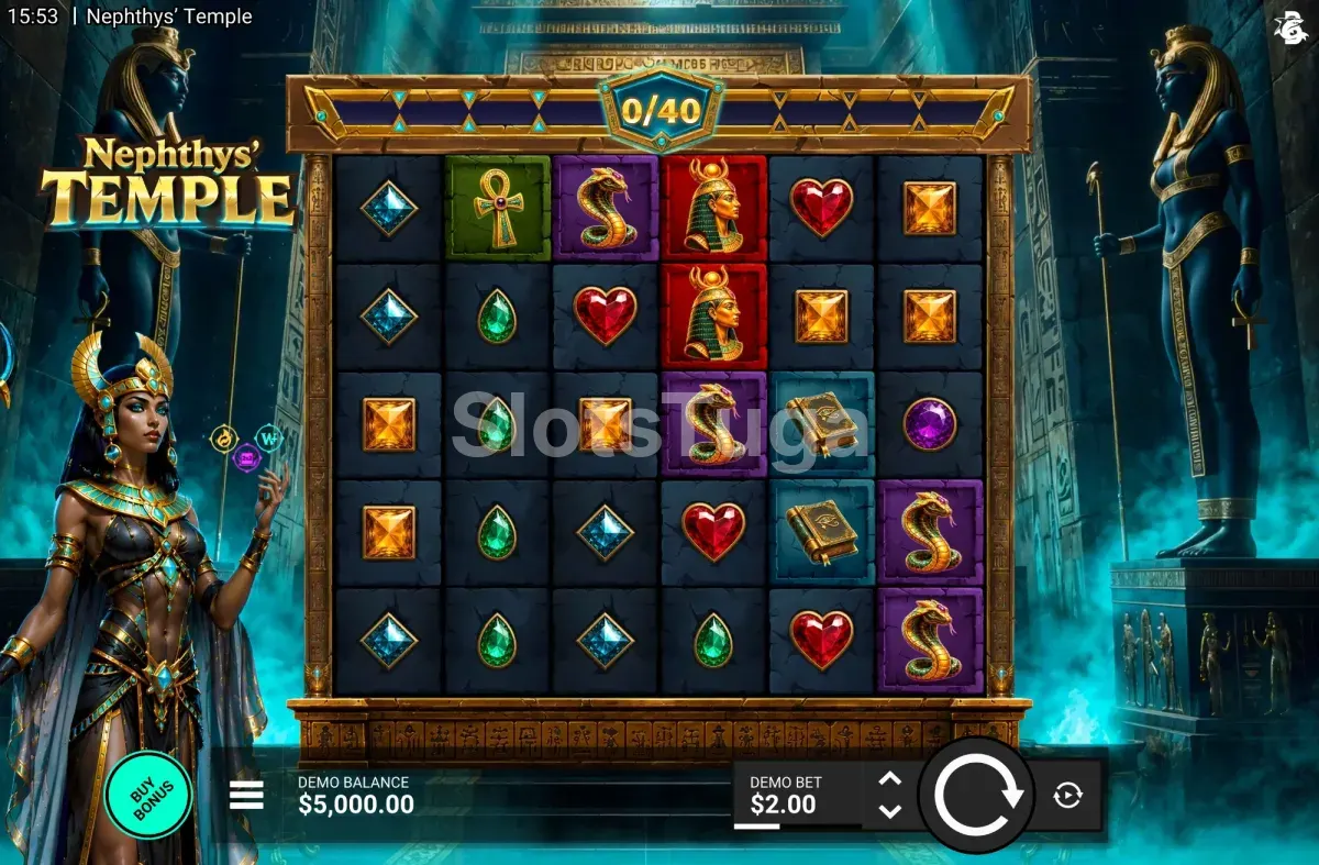 Jogo base de Nephthys Temple com a grelha de 6 rolos e 5 linhas