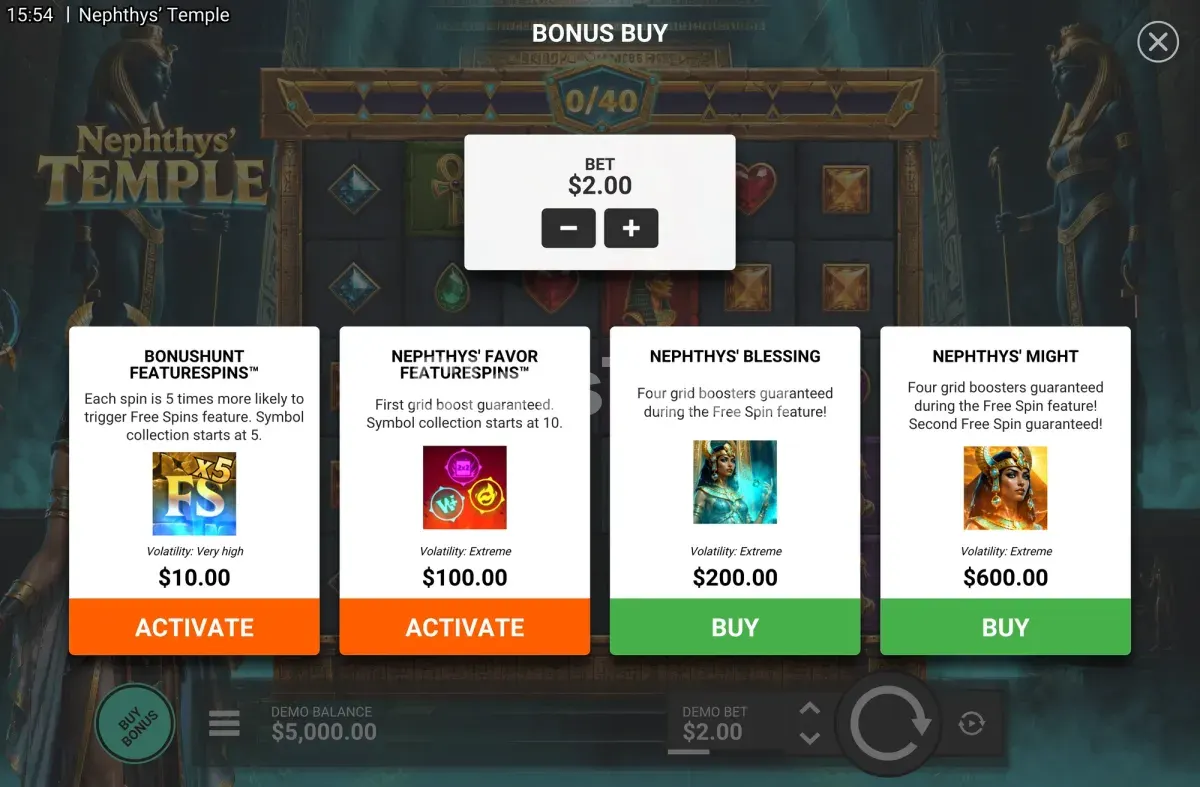 Opção de Bonus Buy em Nephthys Temple