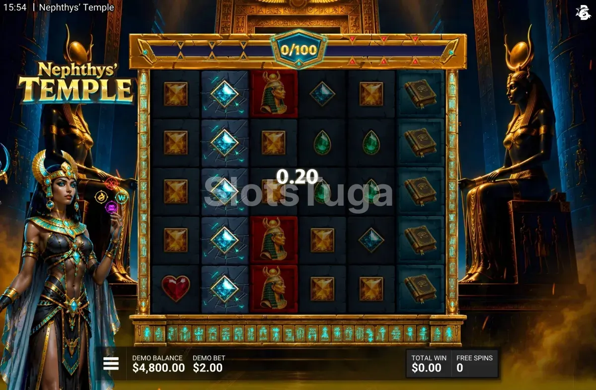 Ecrã das free spins de Nephthys Temple com os boosters garantidos