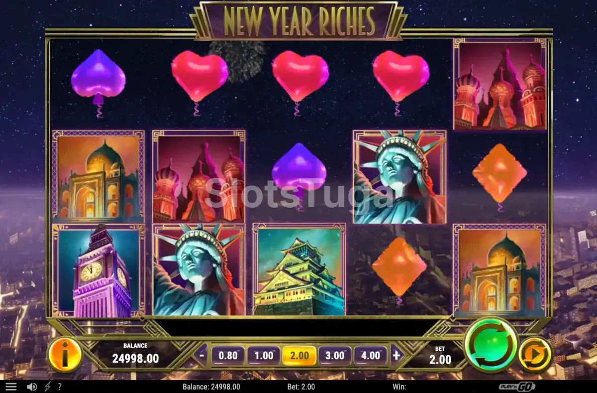 Jogo base da New Year Riches com cenário noturno Art Déco