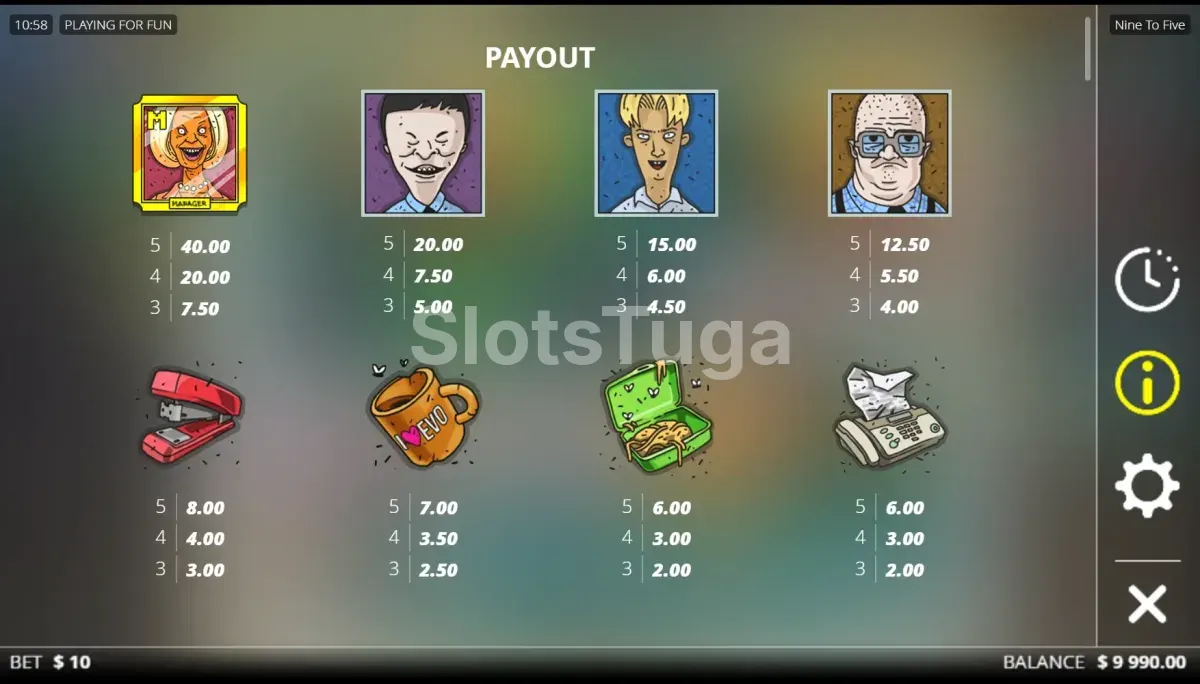 Tabela de pagamentos da Nine To Five mostrando os símbolos e valores