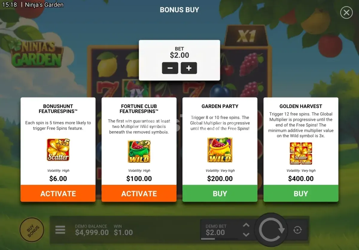 Tela de Bonus Buy da Ninja's Garden com opções de compra de bônus