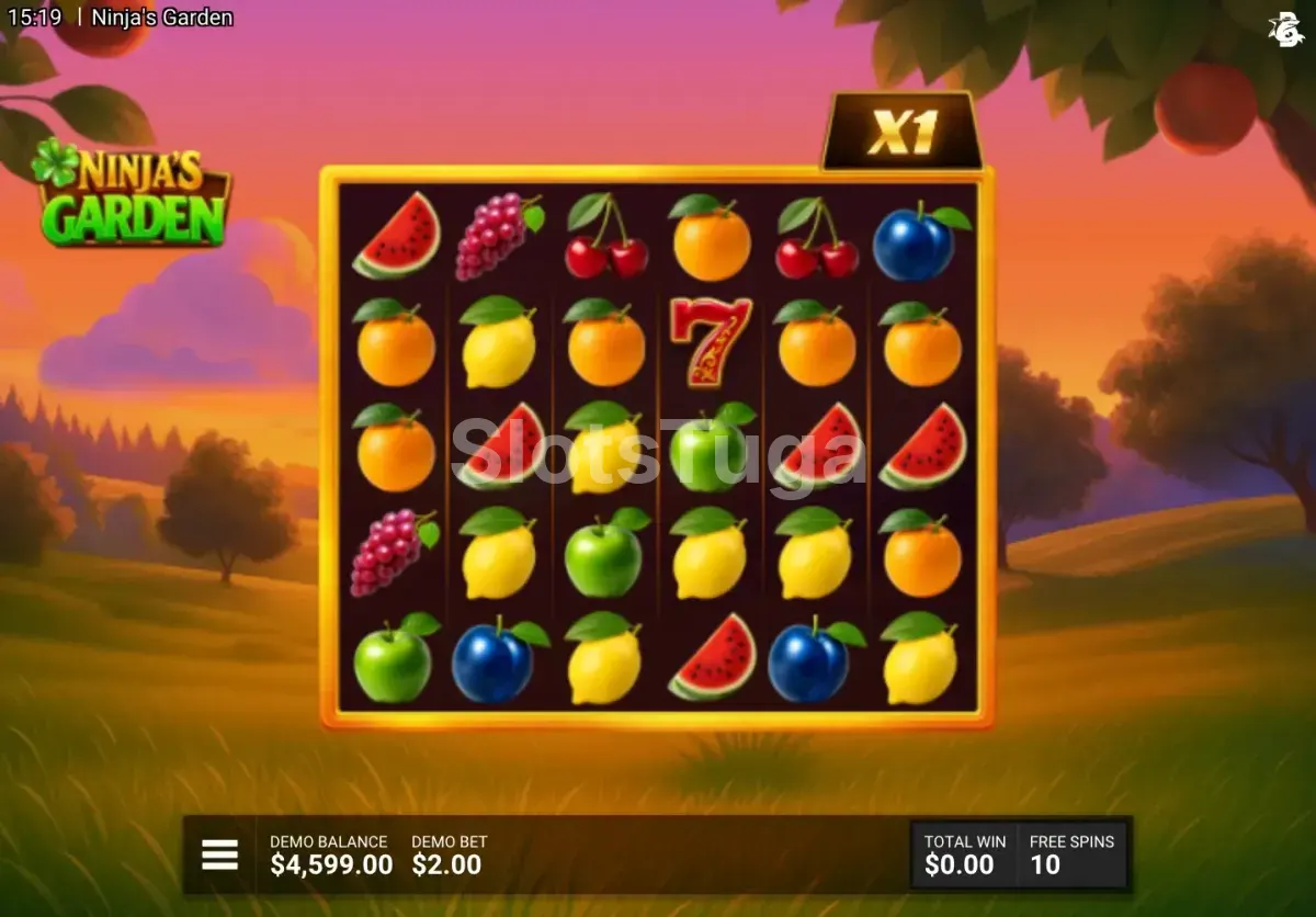 Rodada de Free Spins ativada na slot Ninja's Garden com multiplicadores em ação