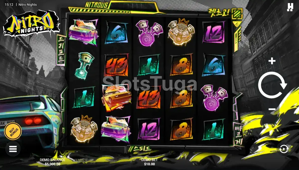 Jogo base da slot Nitro Nights com rouleaux iluminados e visual neon