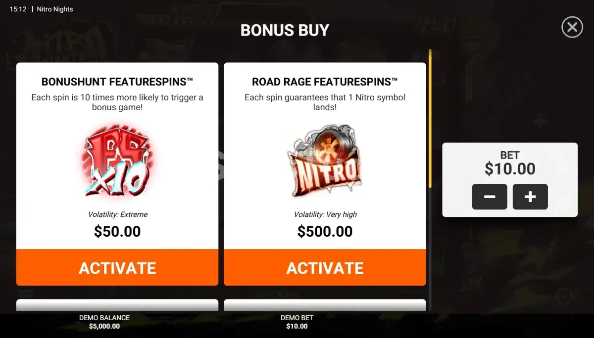 Menu de compra de bônus da slot Nitro Nights com opções de feature buy