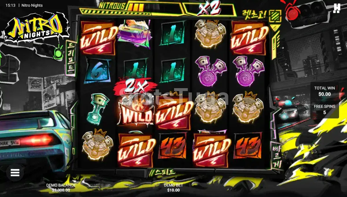 Tela de free spins da slot Nitro Nights com multiplicador global ativado