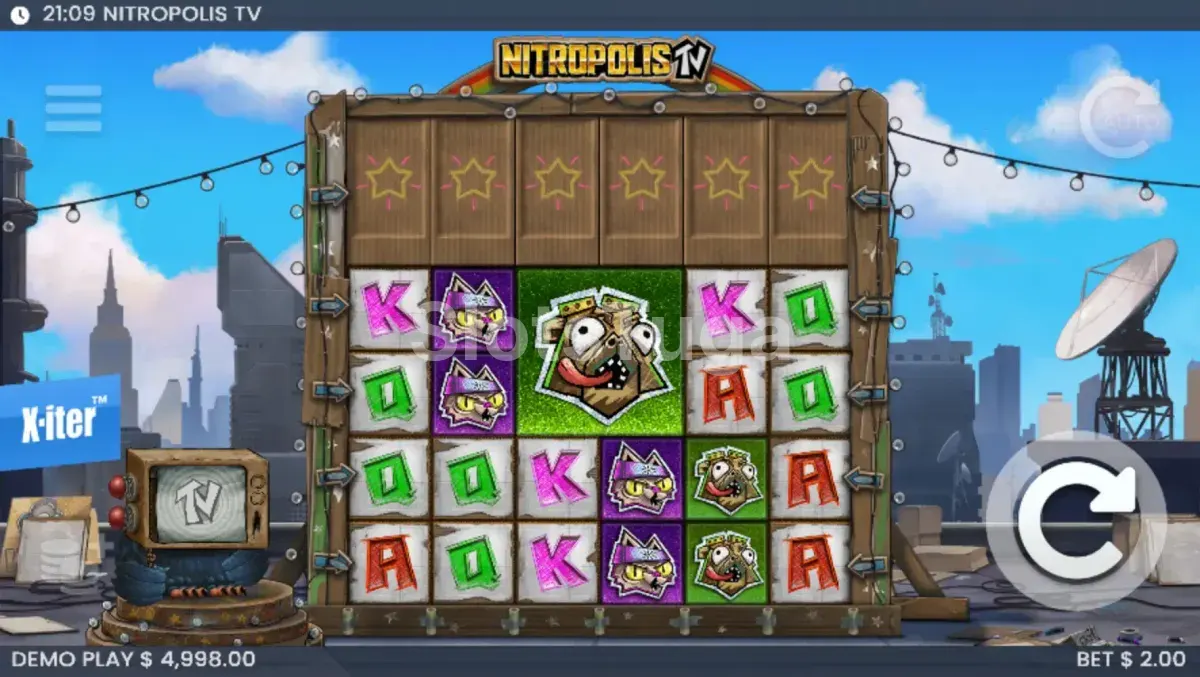 Tela principal do slot Nitropolis TV com o cenário urbano de Nitropolis