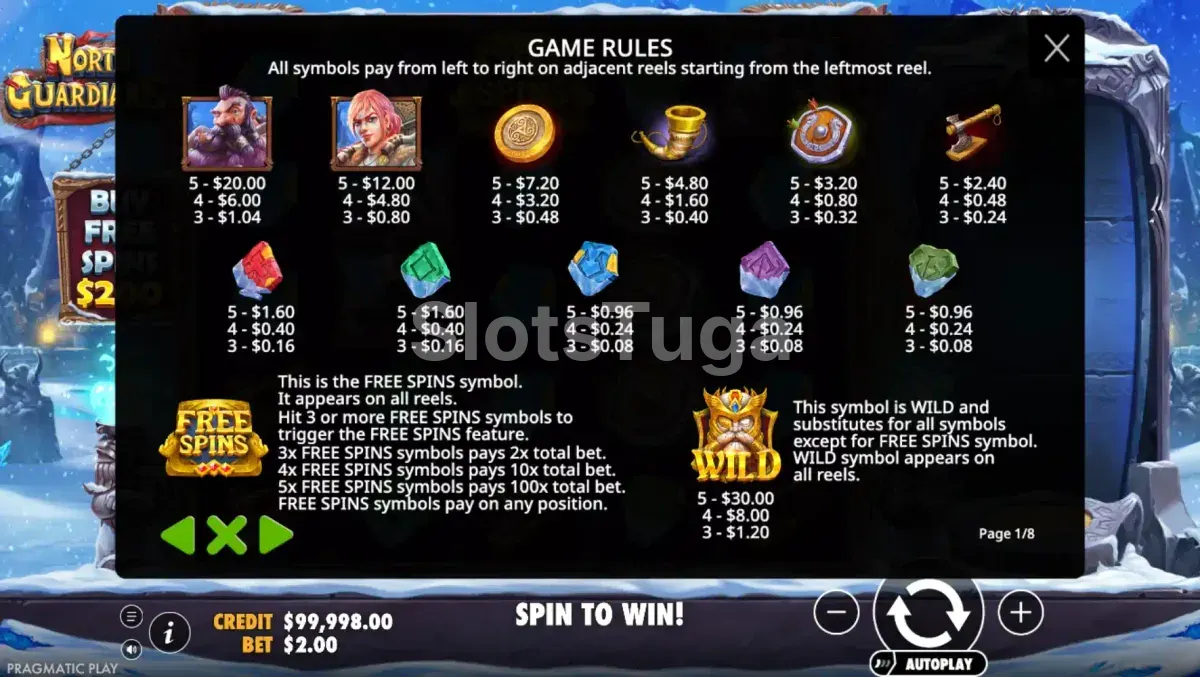Tabela de pagamentos da slot North Guardians