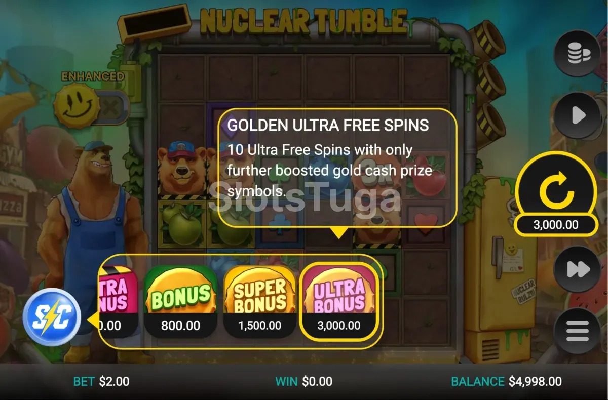 Ecrã de compra de bónus de Nuclear Tumble com as opções disponíveis