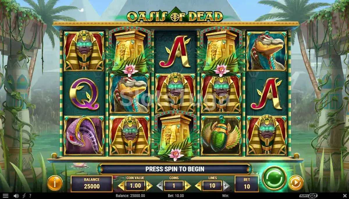 Tela principal do jogo Oasis of Dead com os rolos e símbolos egípcios