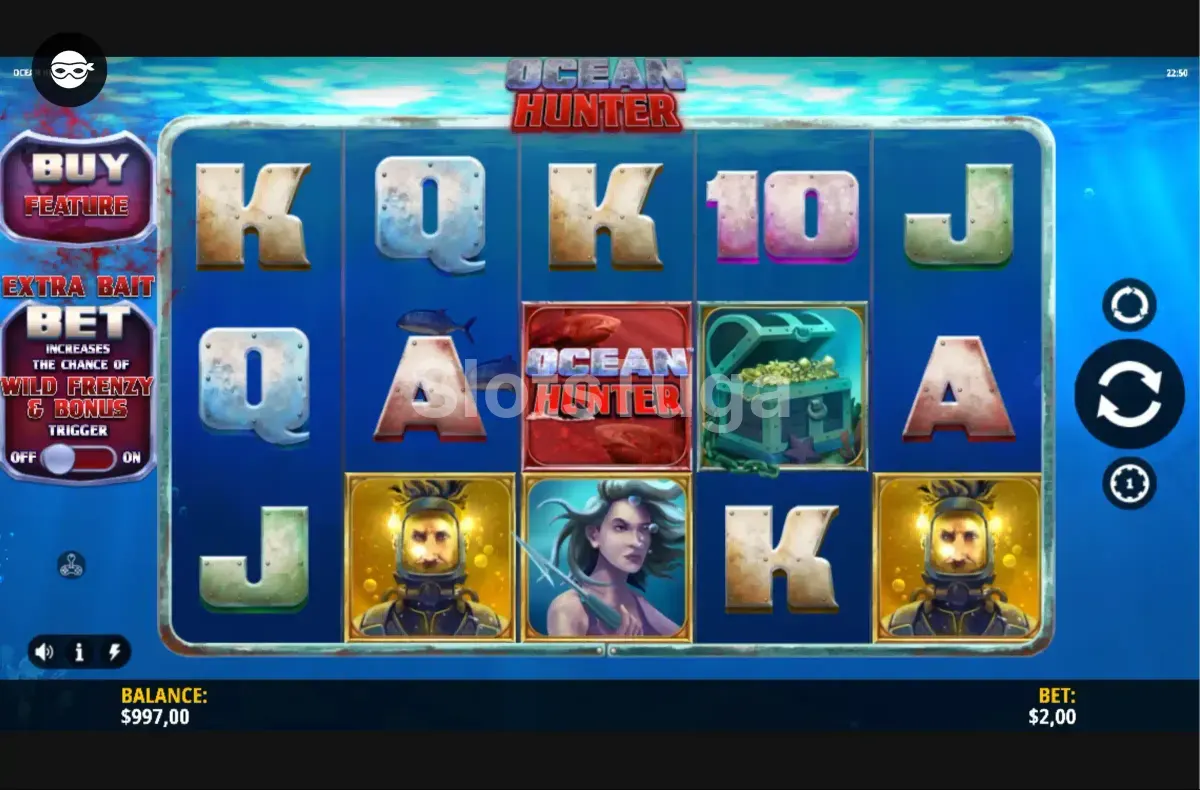 Jogo base da slot Ocean Hunter com rouleaux e símbolos marítimos