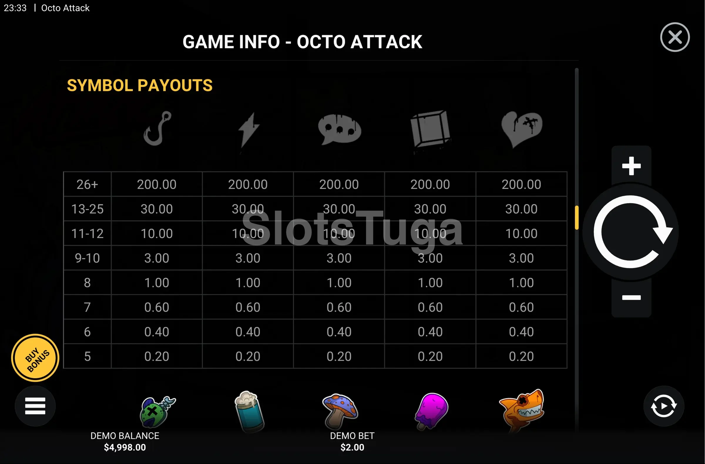 Tabela de pagamentos da Octo Attack com todos os símbolos