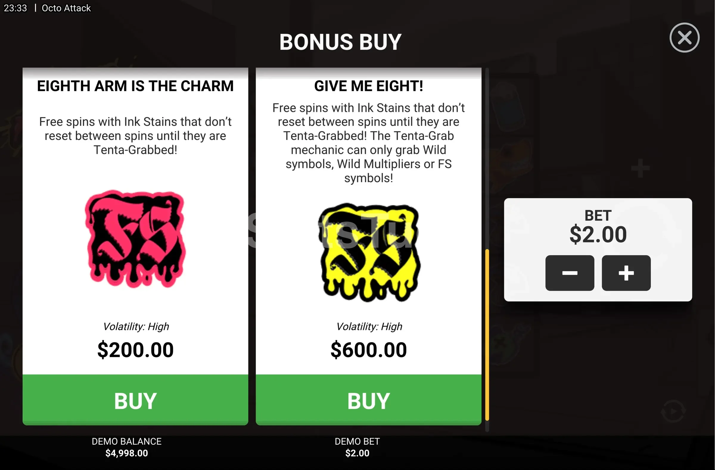 Menu de compra de bônus da Octo Attack mostrando as opções disponíveis