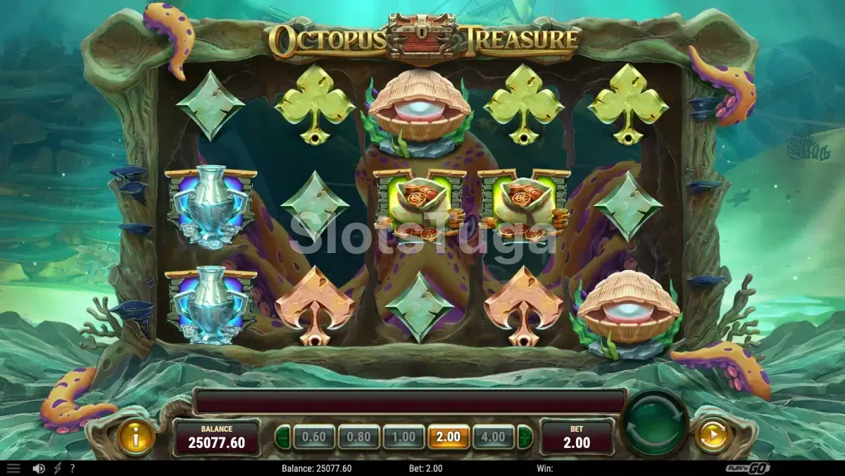 Segunda tela de jogo do Octopus Treasure com símbolos em destaque nos rolos