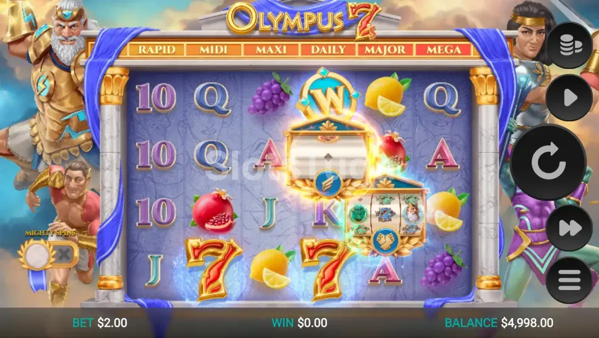 Jogo base do Olympus 7's Dream Drop com rolos e símbolos gregos