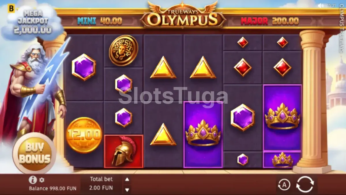 Tela principal da slot Olympus Trueways com os rouleaux e símbolos dos deuses