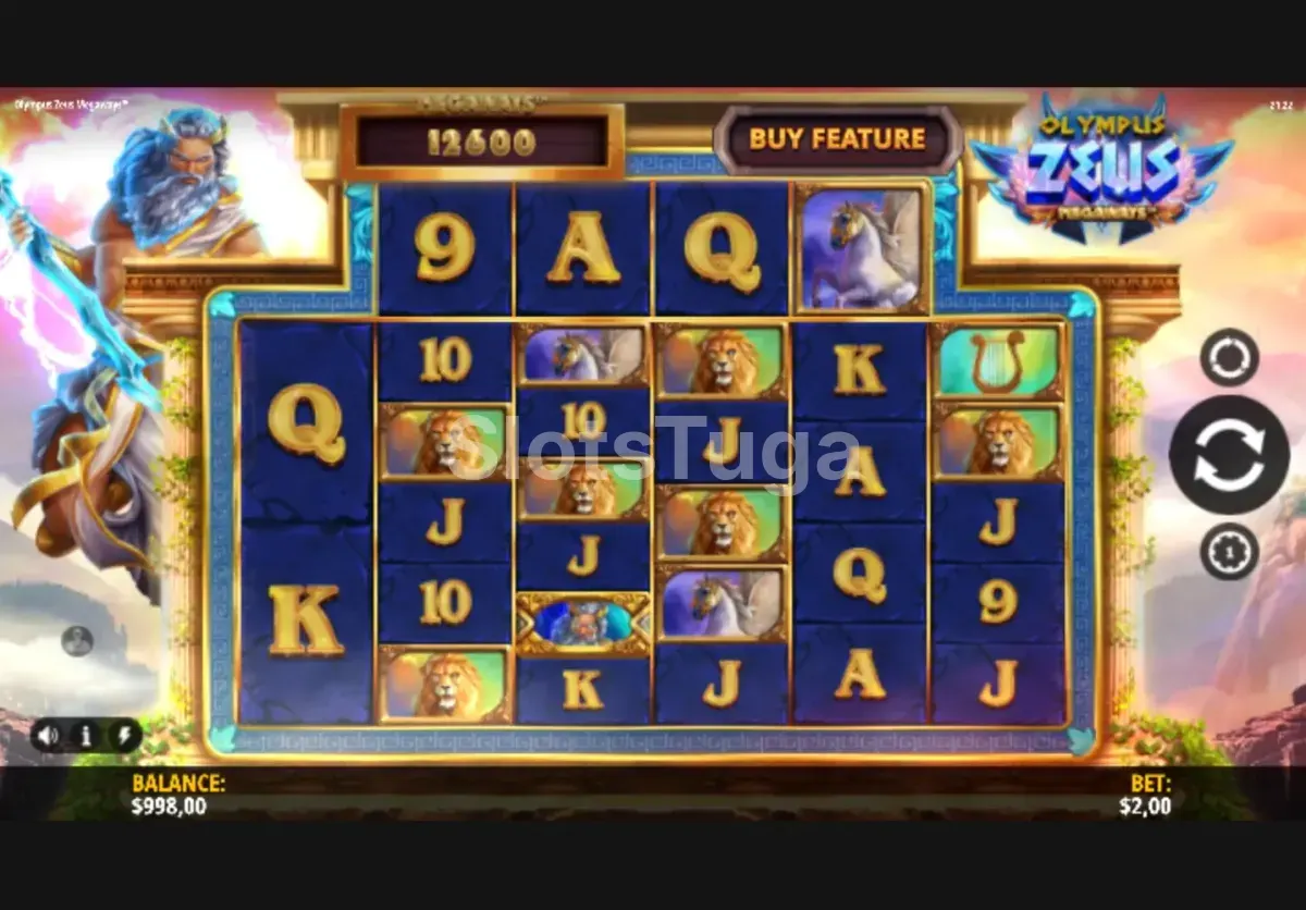 Jogo base da Olympus Zeus Megaways com rolos e símbolos gregos