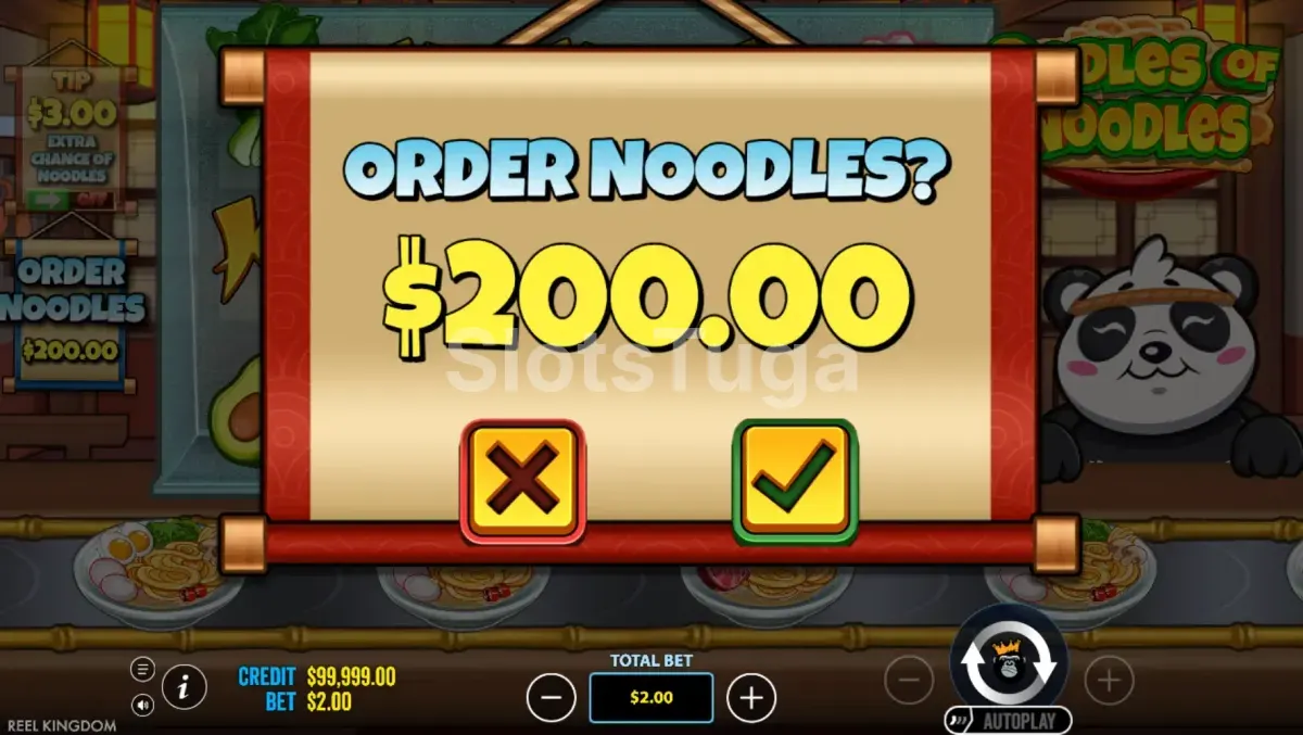 Tela de compra de bônus do Oodles of Noodles com opções de ativação