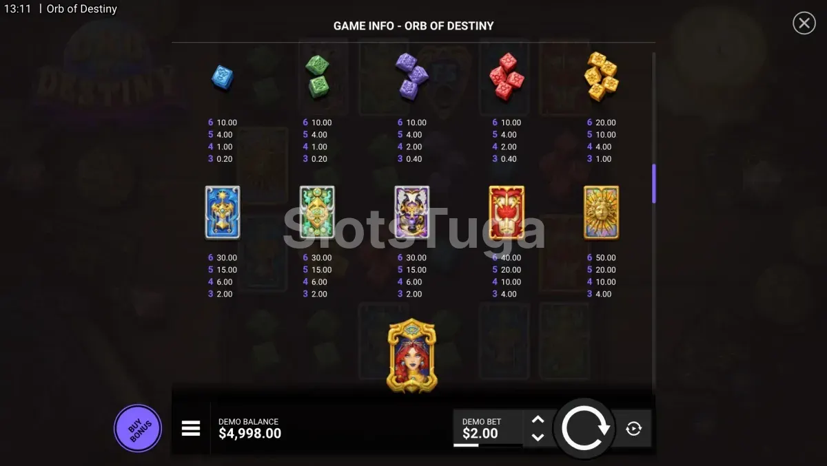 Tabela de pagamentos completa da slot Orb of Destiny