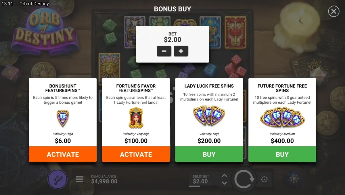 Tela de compra de bônus da slot Orb of Destiny
