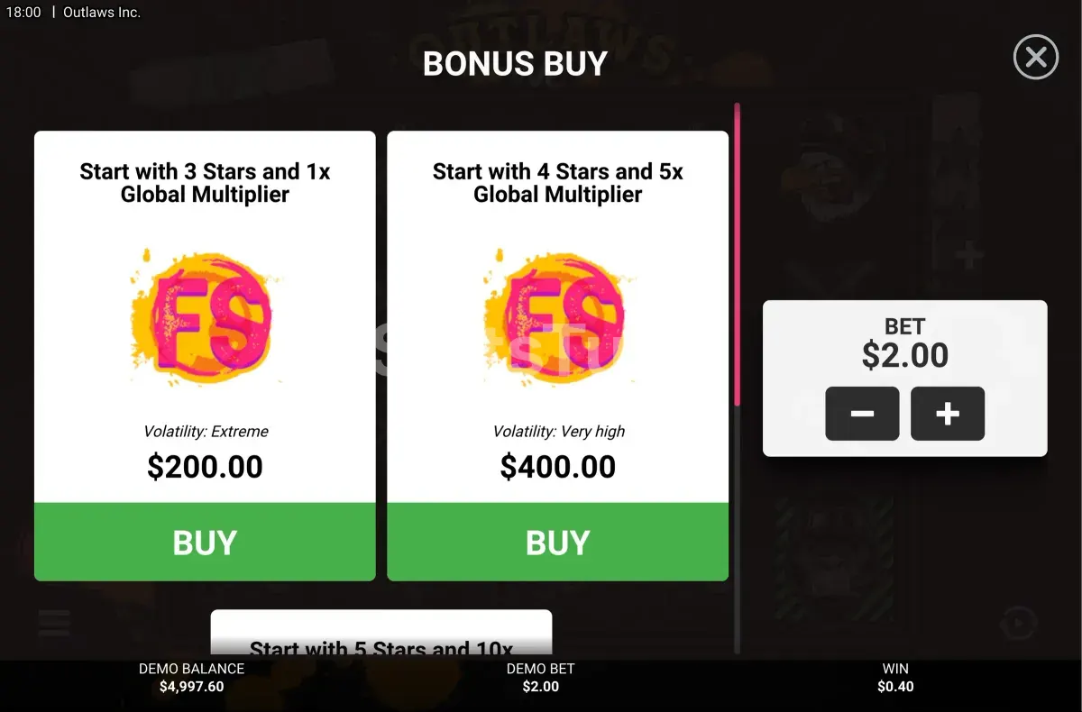 Tela de compra de bônus da Outlaws Inc com as opções disponíveis