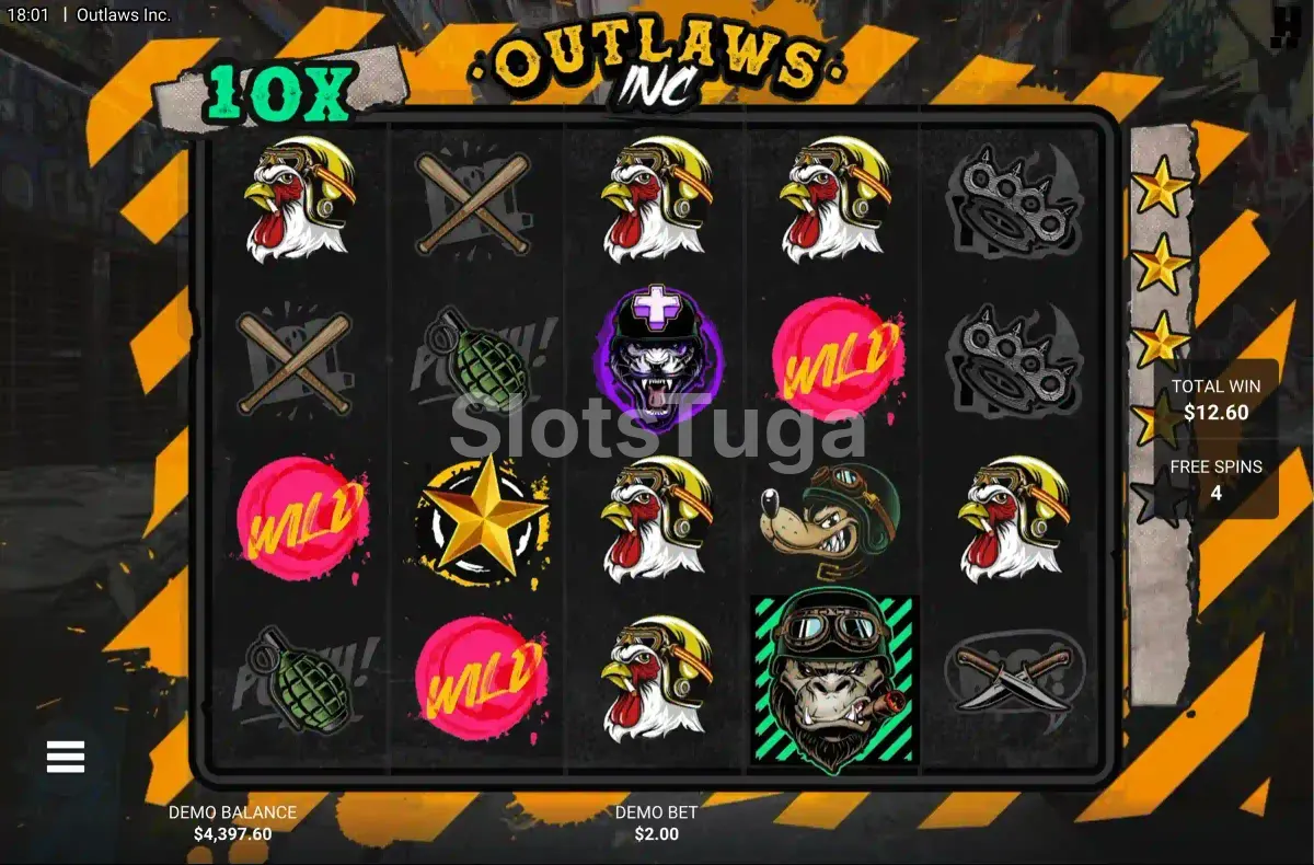 Rodadas grátis ativadas na slot Outlaws Inc com multiplicadores