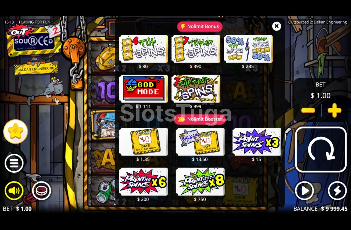Menu de compra de bónus de Outsourced 2 com as várias opções