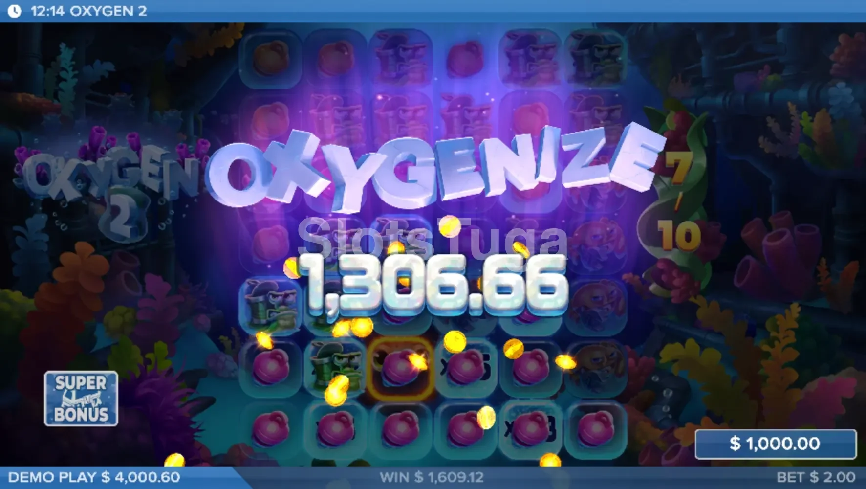 Big win na Oxygen 2 mostrando o potencial máximo de ganho da slot