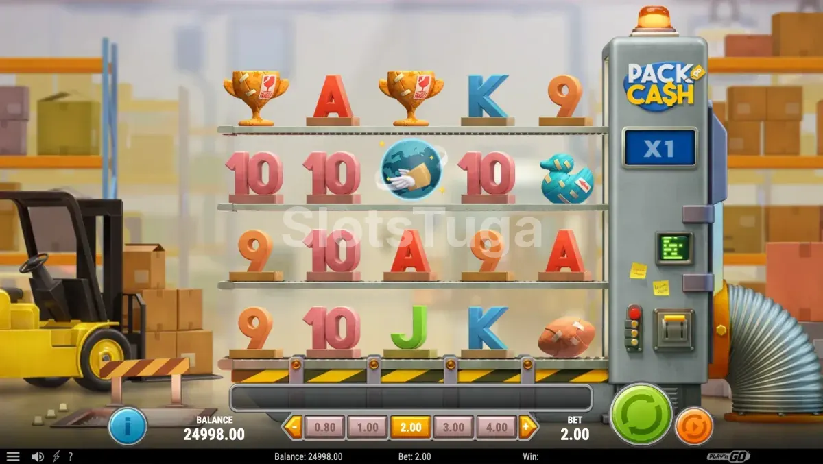 Jogo base da slot Pack & Cash com cenário de armazém