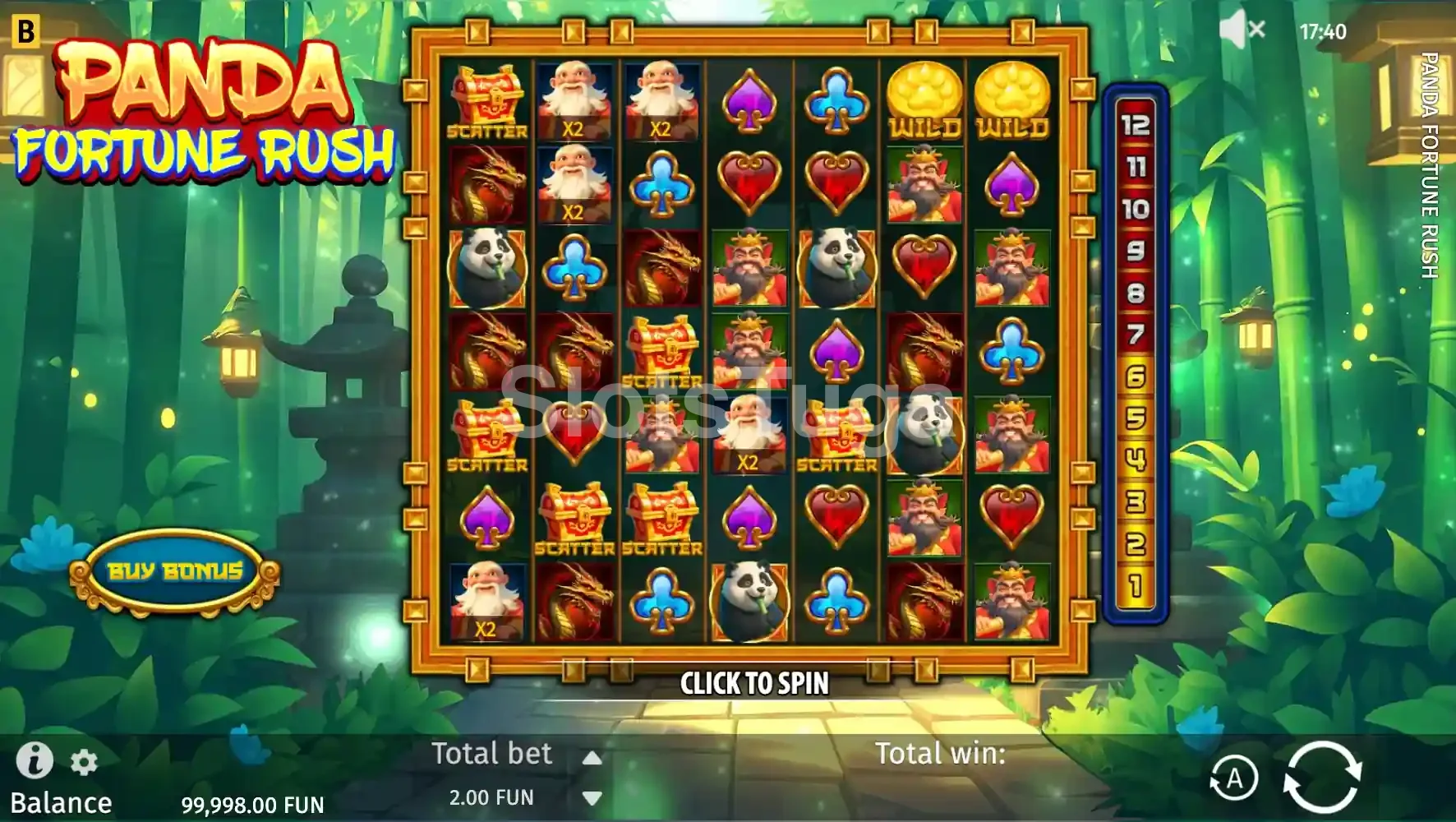 Jogo base da Panda Fortune Rush com grid 7x7 e floresta de bambu ao fundo