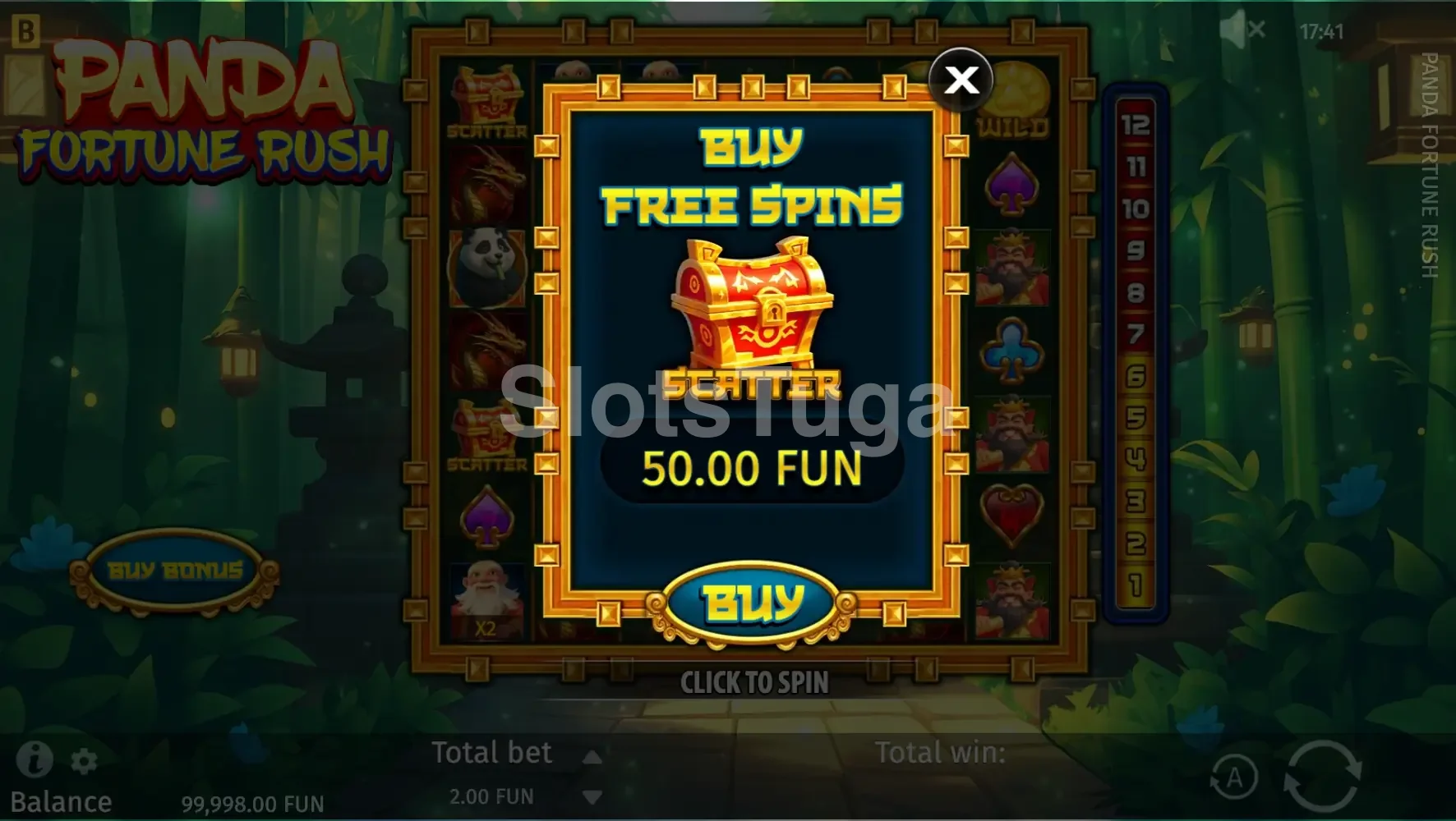 Tela de compra de bônus da Panda Fortune Rush com opção de acesso direto ao feature
