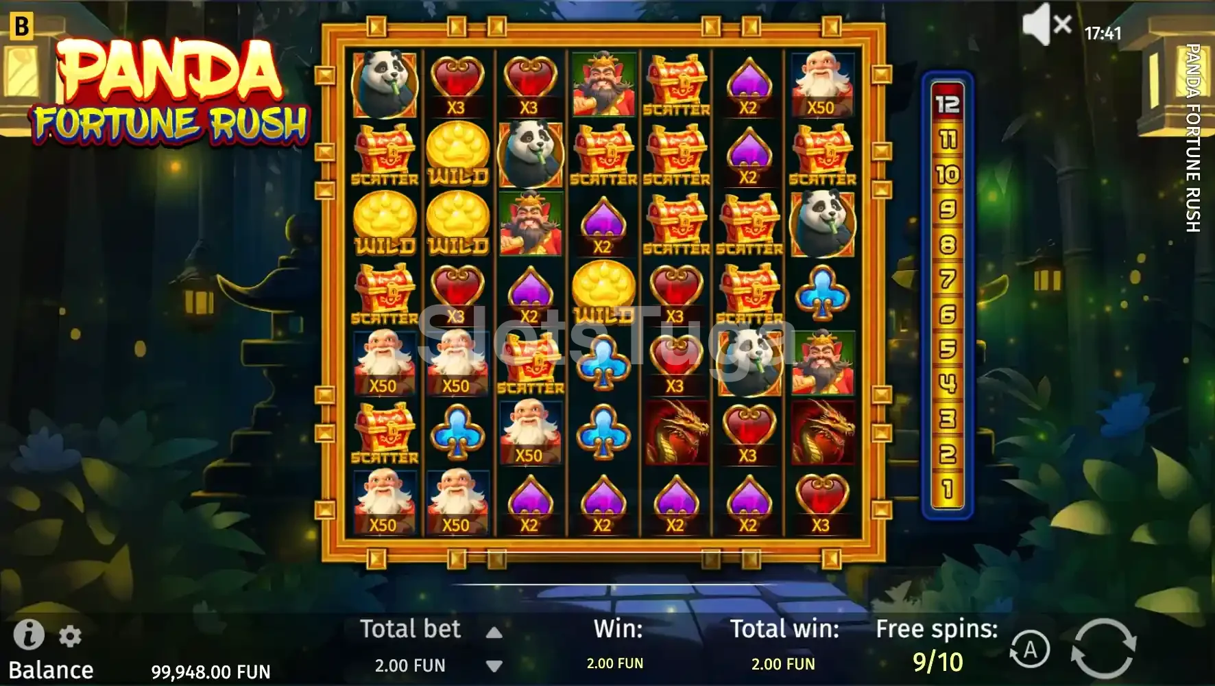 Modo de giros grátis da Panda Fortune Rush com multiplicadores ativos nos símbolos