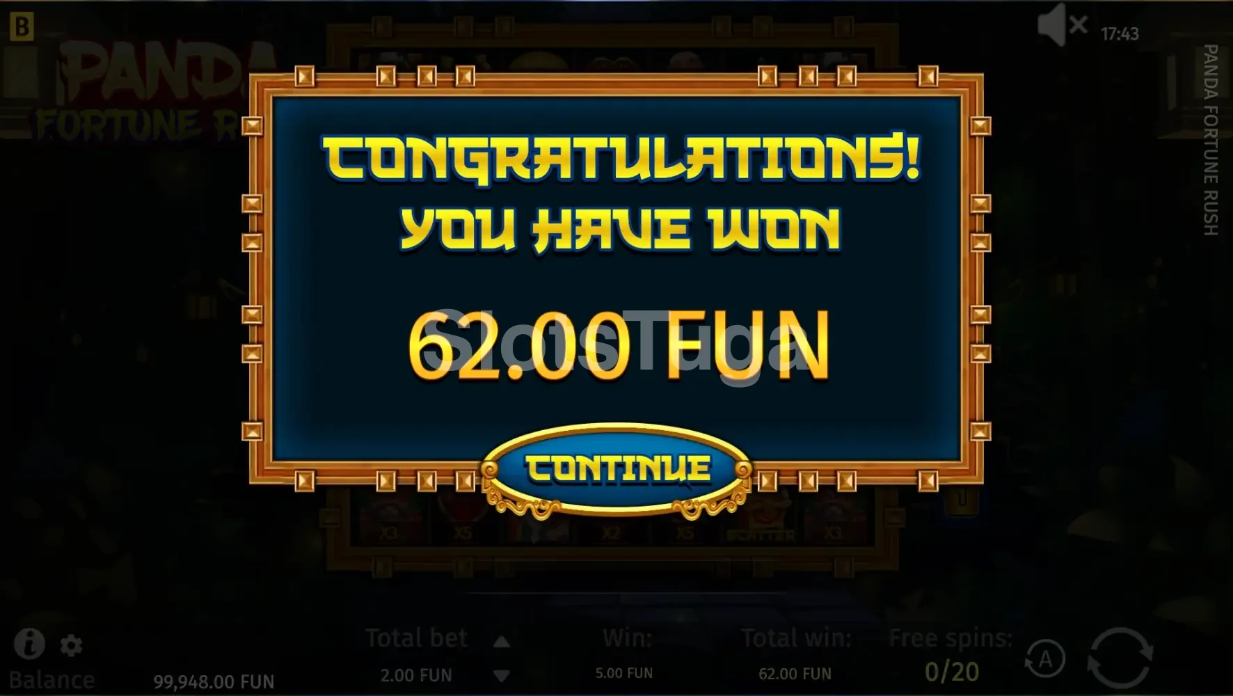 Tela de grande vitória na Panda Fortune Rush com multiplicadores combinados