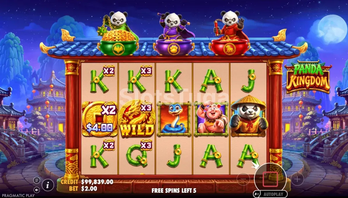 Ronda de free spins em Panda Kingdom com multiplicadores de rolos activos
