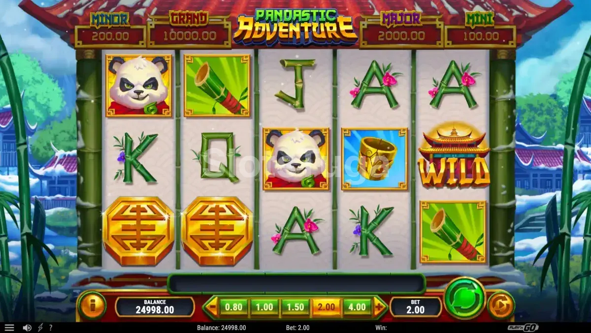 Tela principal do slot Pandastic Adventure com pandas e neve