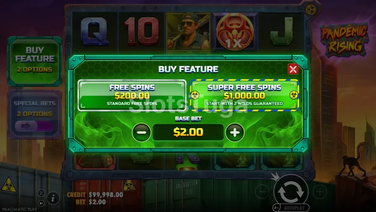 Menu de compra de bônus na Pandemic Rising da Pragmatic Play