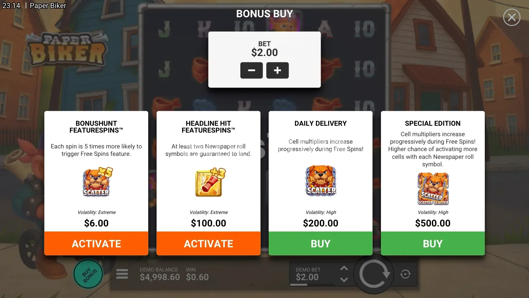 Opção de compra de bônus na slot Paper Biker da Hacksaw Gaming