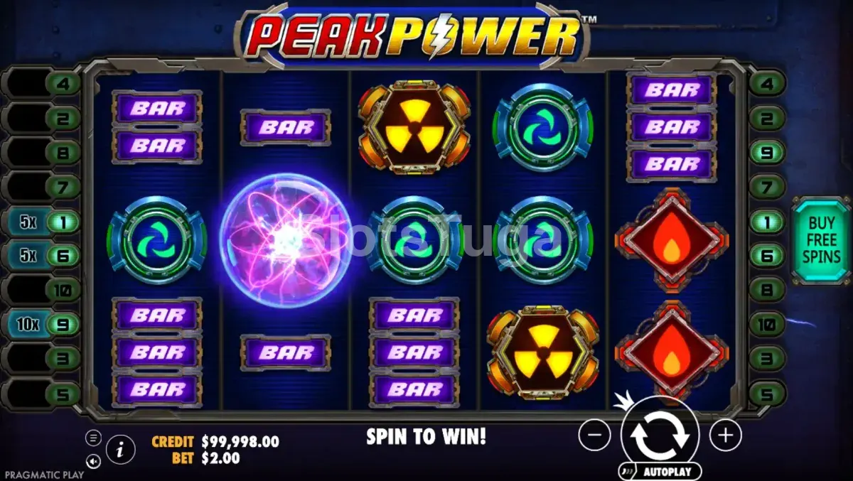 Jogo base da slot Peak Power com multiplicadores nas linhas