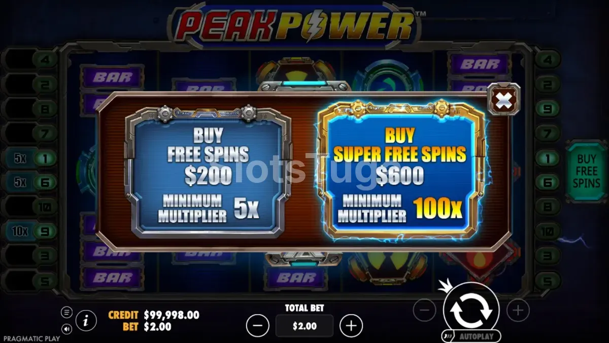 Interface de compra de bônus da slot Peak Power Pragmatic Play