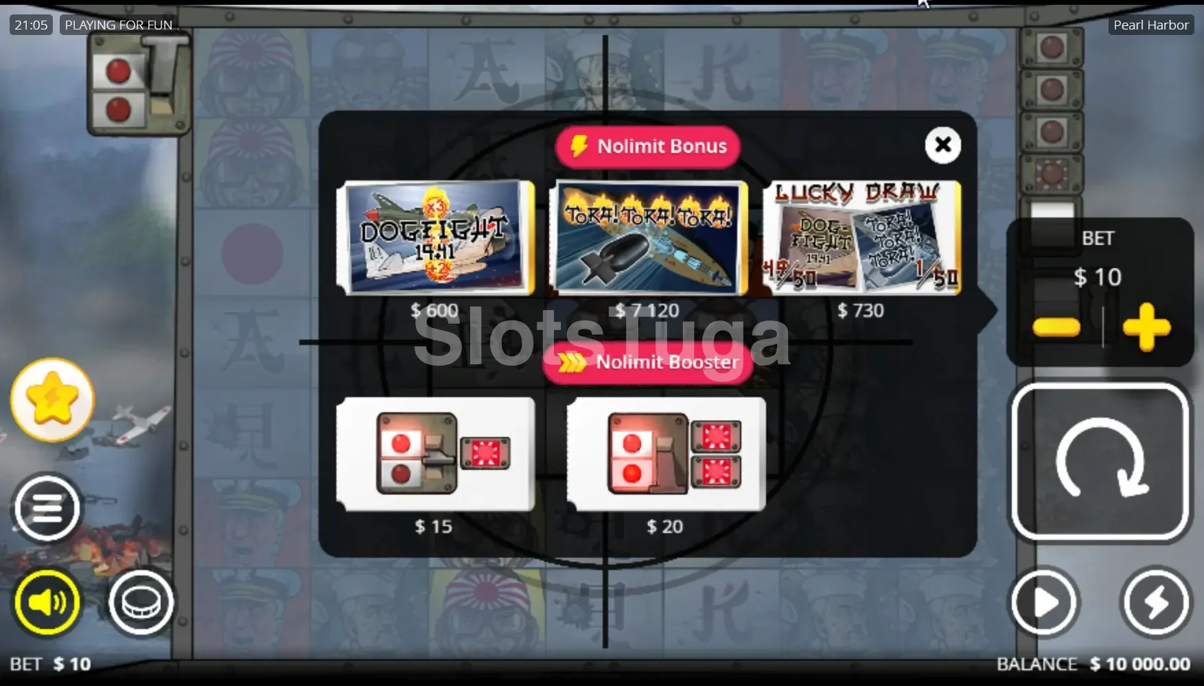 Tela de compra de bônus do slot Pearl Harbor